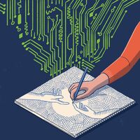 Danae Diaz_KI Eine Hand zeichnet auf einer weißen Leinwand zwei Hände, deren Zeigefinger sich beinahe berühren. Aus der Leinwand steigt ein Muster hervor, das an eine elektronische Schaltung erinnert.