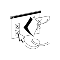 Illu elektronische Abstimmung MV Auf einem Bildschirm sind ein Kreuzchen und ein Häkchen zu sehen. Ein Pfeil zeigt auf das Häkchen. Eine Hand übergibt einen Zettel.