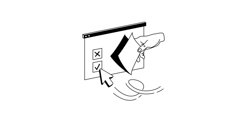 Auf einem Bildschirm sind ein Kreuzchen und ein Häkchen zu sehen. Ein Pfeil zeigt auf das Häkchen. Eine Hand übergibt einen Zettel.