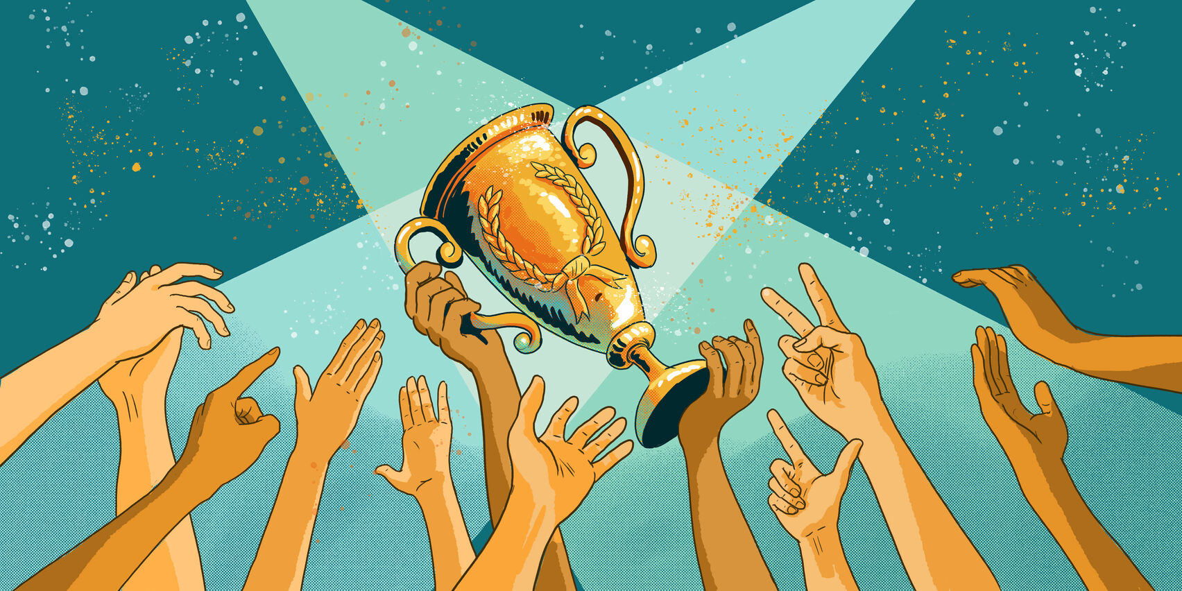 Der blaugrüne Hintergrund der Illustration wird von zwei hellen Scheinwerfern durchschnitten, die sich in der Bildmitte überkreuzen. Im Mittelpunkt sieht man einen großen, goldenen Ehrenpokal, der von zwei Händen in die Höhe gehalten wird. Viele weitere Arme strecken sich vom unteren Bildrand aus in Richtung Pokal. Eine Hand zeigt Zeige- und Mittelfinger für das Victory-Zeichen, andere Daumen und Zeigefinger oder nur den Zeigefinger, wieder andere klatschen. Auf dem Pokal ist in der Mitte ein Lorbeerkranz mit einer Schleife zu sehen. Der Pokal hat zwei altmodisch geschwungene, große Henkel und einen tellerförmigen Fuß mit schlankem Hals. Vor dem Hintergrund sind viele glitzernde helle und goldene Punkte in unterschiedlicher Größe zu sehen.