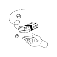 Illu Ausschüttungen Eine Hand nimmt eine Stapel Geldnoten und zwei Geldstücke entgegen.