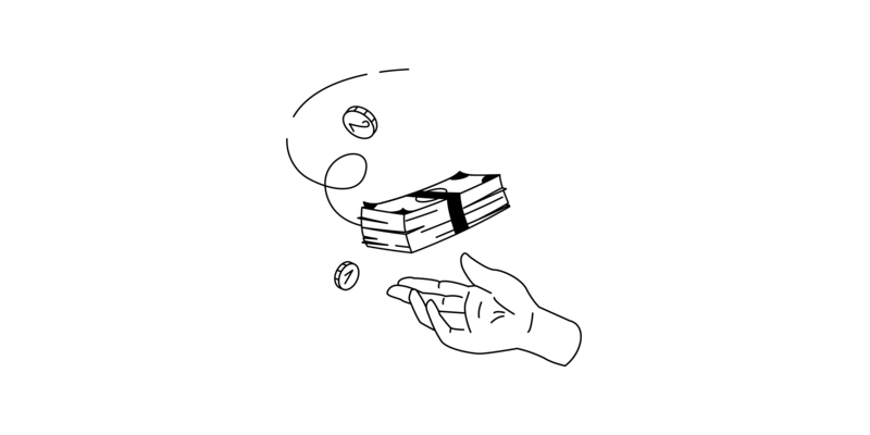 Eine Hand nimmt eine Stapel Geldnoten und zwei Geldstücke entgegen.