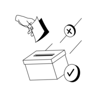 Illu Mitgliederversammlung Eine Hand wirft einen Zettel in eine Wahlurne. Ein Kreuzchen und ein Häkchen.