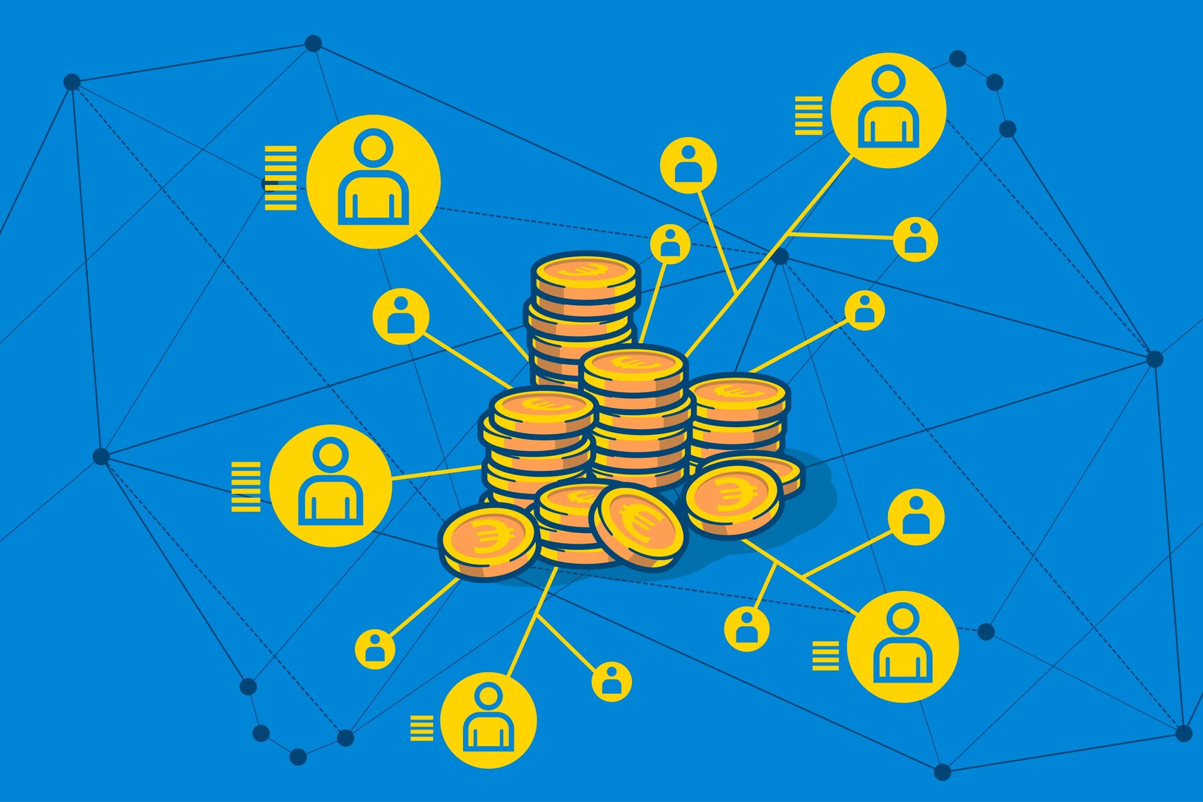 Ein Stapel Euro-Münzen wird über ein komplexes Netzwerk an eine Vielzahl von Personen verteilt.