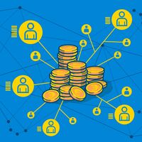 Michael Vestner_Verteilungsplan Ein Stapel Euro-Münzen wird über ein komplexes Netzwerk an eine Vielzahl von Personen verteilt.