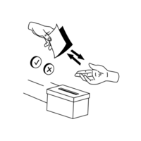 Illu Stimme übertragen Über einer Wahlurne übergibt eine Hand einer anderen einen Zettel.