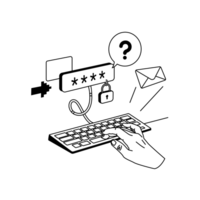 Illu Passwort anfordern Eine Hand tippt auf einer Tastatur ein Passwort ein. Die Passworteingabe ist mit einem Schloss gesichert. Eine Sprechblase mit einem Fragezeichen. Ein Briefumschlag.