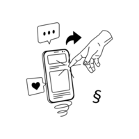 Illu Social Media Bildlizenz Eine Hand zeigt auf einen Chat auf einem Smartphone. Eine Sprechblase mit einem Herz antwortet einer Sprechblase mit drei Punkten. Ein Paragraphenzeichen.