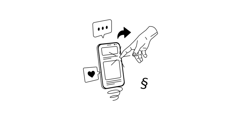 Eine Hand zeigt auf einen Chat auf einem Smartphone. Eine Sprechblase mit einem Herz antwortet einer Sprechblase mit drei Punkten. Ein Paragraphenzeichen.