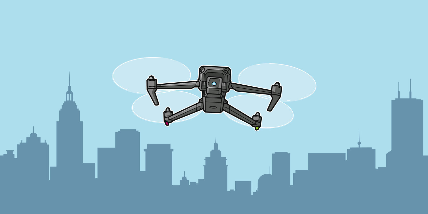 Eine Drohne mit Kamera fliegt über der Skyline einer Großstadt.