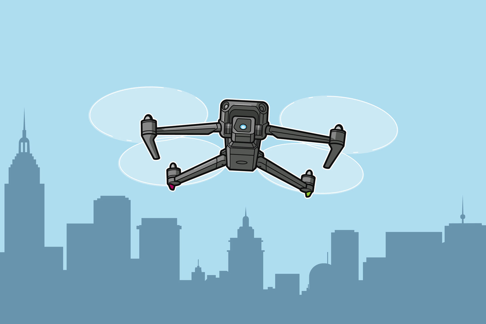 Eine Drohne mit Kamera fliegt über der Skyline einer Großstadt.