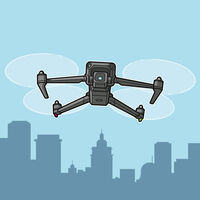 Michael Vestner_Drohne Eine Drohne mit Kamera fliegt über der Skyline einer Großstadt.