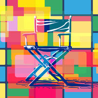 Vor einer Wand aus leuchtend bunten Rechtsecken steht ein Regiestuhl. 