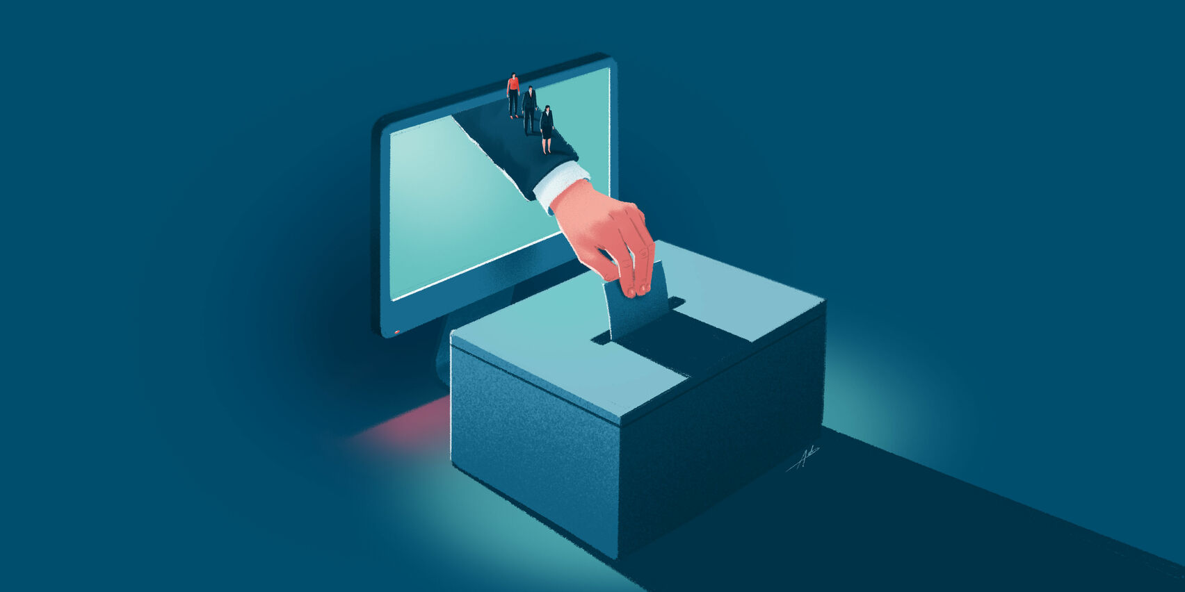 Aus einem PC-Bildschirm streckt sich ein Arm heraus und wirft einen Zettel in eine Wahlurne. Über den Arm laufen hintereinander drei kleine menschliche Figuren.