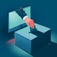 Andrea de Santis_Elektronische Stimmrechtsübertragung Aus einem PC-Bildschirm streckt sich ein Arm heraus und wirft einen Zettel in eine Wahlurne. Über den Arm laufen hintereinander drei kleine menschliche Figuren.