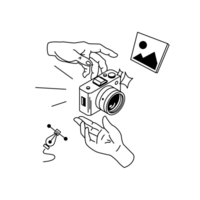 Illu Berufsgruppe II Zwei Hände übergeben einen Fotoapparat. Ein Bild mit einer stilisierten Landschaft. Eine kleine Tusche-Feder zum Zeichnen von Bézier-Kurven.