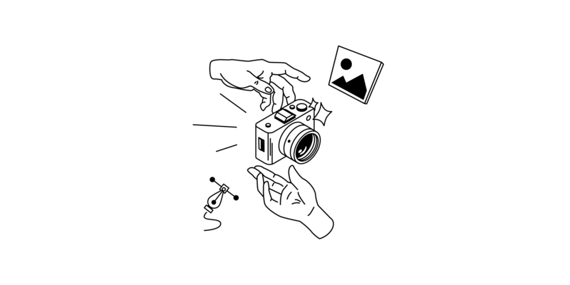 Zwei Hände übergeben einen Fotoapparat. Ein Bild mit einer stilisierten Landschaft. Eine kleine Tusche-Feder zum Zeichnen von Bézier-Kurven.