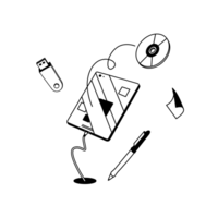 Illu Privatkopie Ein Tablet, ein USB-Stick, eine CD-ROM, ein Blatt Papier und ein Kugelschreiber.