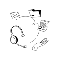 Illu Kontakt 1 Ein Telefonheadset, eine gebende Hand, ein Schriftstück, eine Akte und ein Brief.