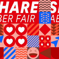 Mosaik aus verschiedenen geometrischen Formen und Symbolen (wie Herzen, Pfeile, lachendes Emoji) sowie der Text: "SHARE ABER FAIR".