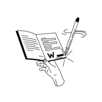 Illu Mitglied werden Eine Hand hält einen zweiseitigen Vertrag. Ein Stift unterschreibt neben einem W.